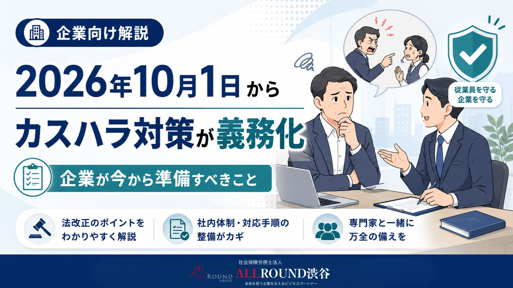 2026年10月1日から義務化されるカスハラ対策について、企業の準備と社労士への相談を促すイメージ|社会保険労務士法人ALLROUND渋谷